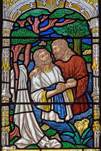 Jerusalem - baptism of Christ scene on the windowpane