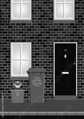house on street with recycling bins