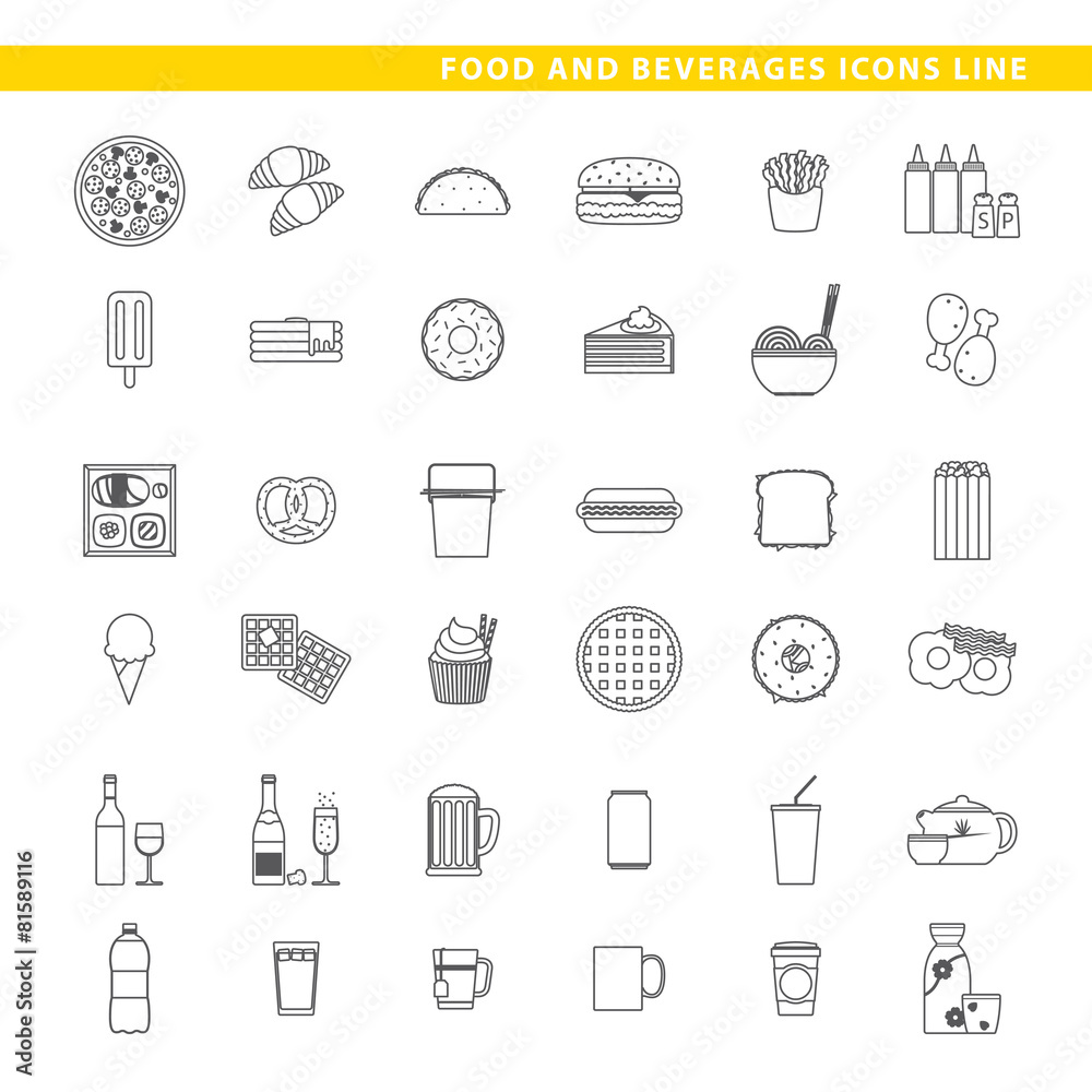 Food and beverages icons line.