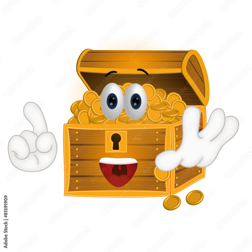 Naklejka premium Funny treasure chest cartoon illustration comic hands
