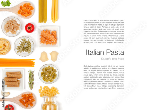 various pasta on white background top view