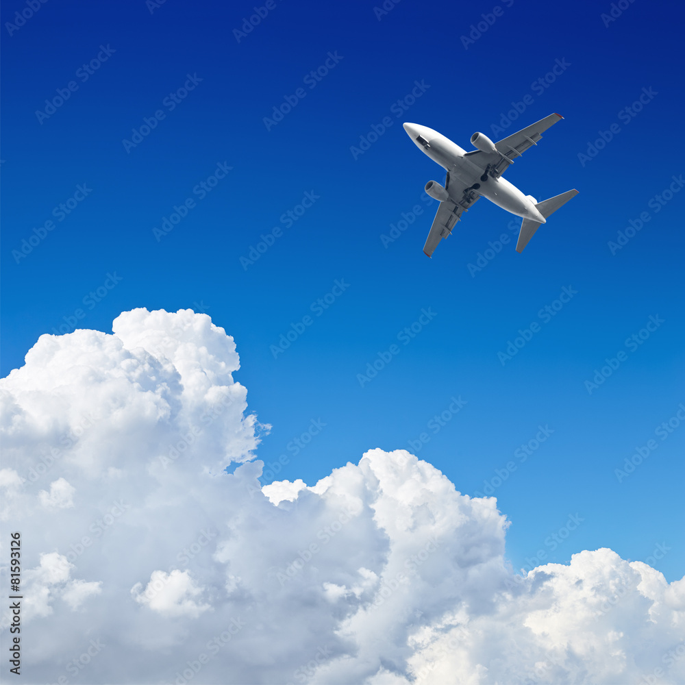Obraz premium Airplane flying in the blue sky with clouds