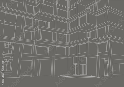 architectural sketch building with balconies on gray background