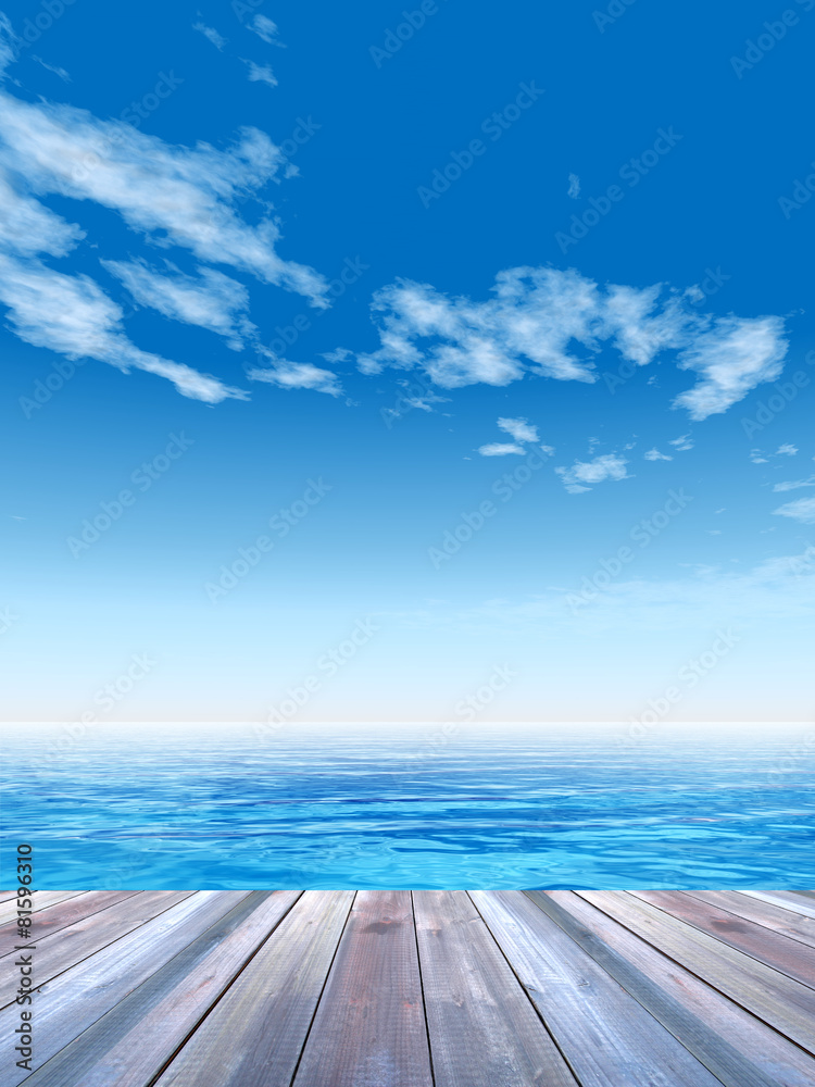 Fototapeta premium Conceptual wood deck over sea and sky