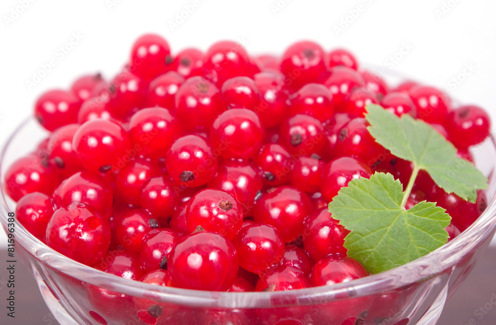 Fresh red currants in a glass bowl with grean leaf Fresh red currants in a glass bowl with grean leaf