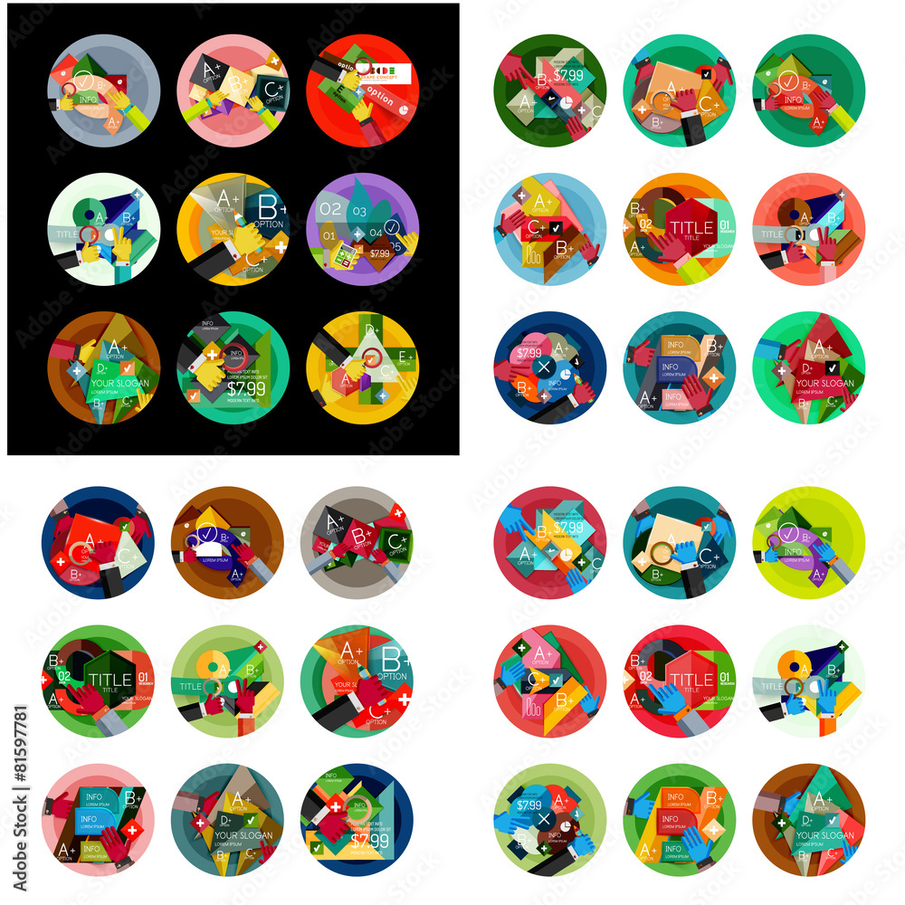 Flat design round labels, option infographics Flat design round labels, option infographics