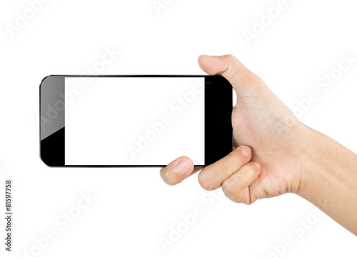 closeup hand hold smartphone mobile isolated on white