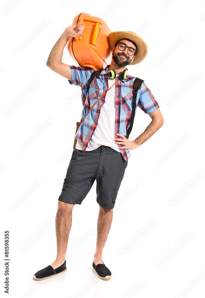 Happy tourist over white background Happy tourist over white background