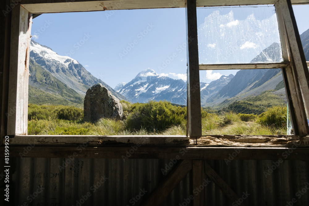 Mount Cook through hut window.