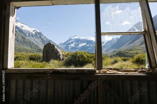 Mount Cook through hut window.