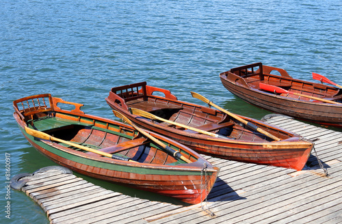 three rowboats moored on the shore of Lake