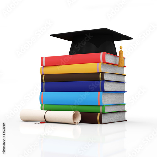 Education and Learning Concept. Graduation Cap with Diploma and Stack of Colorful Books isolated on white background
