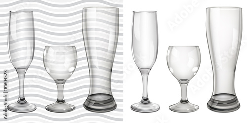 Transparent and opaque empty glass goblets for wine and beer