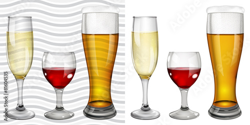 Transparent and opaque full glass goblets with wine, champagne a
