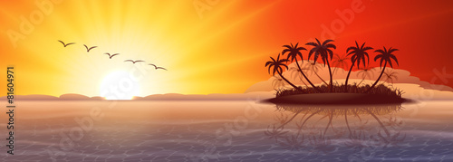 Panoramic background with tropical island at sunset