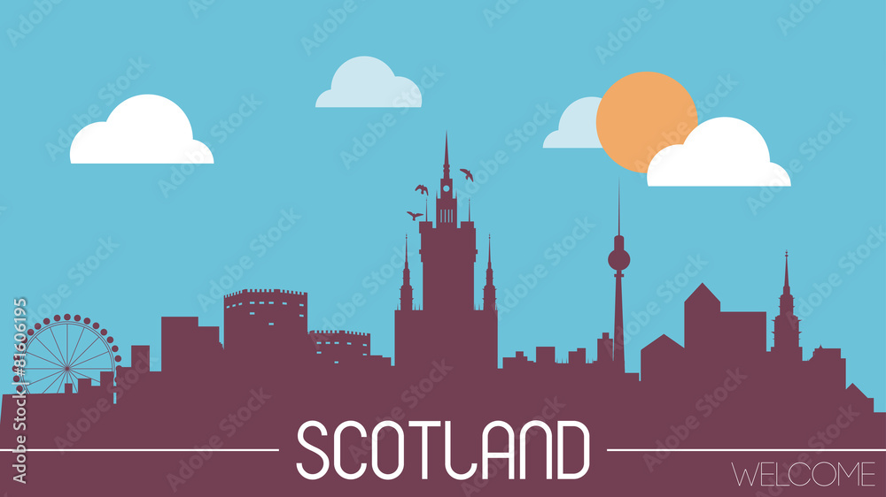 Scotland skyline silhouette flat design vector