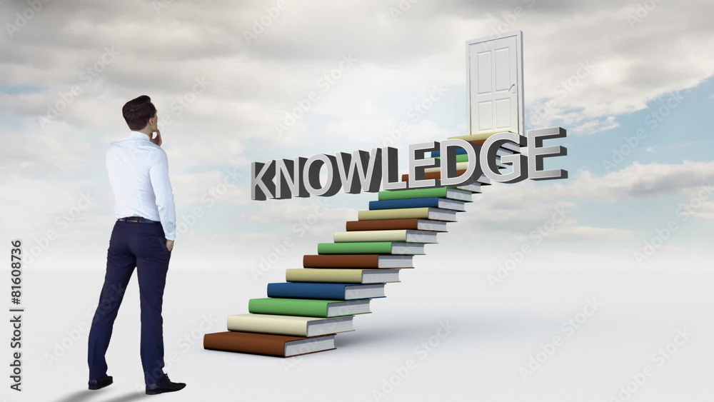 Businessman looking at a word put on a stair made of books Businessman looking at a word put on a stair made of books