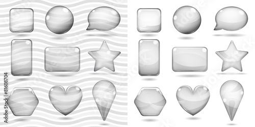 Transparent and opaque gray glass shapes with glares and shadows