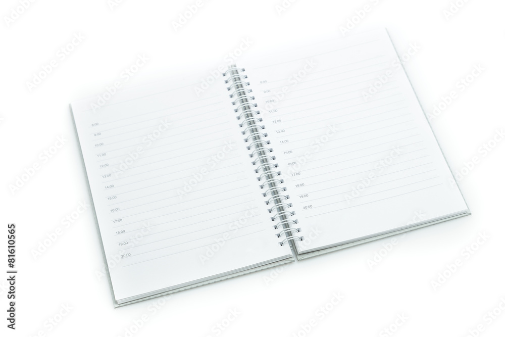 Open agenda with marked hours on pages isolated Open agenda with marked hours on pages isolated