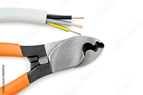 Electric cable and cutter on  white background.