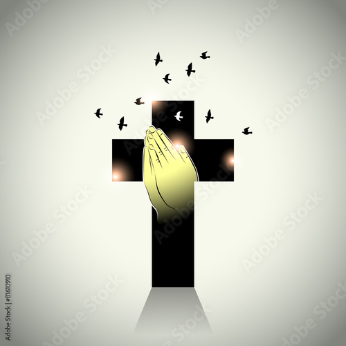 Vector: Two hands with prayer in cross and pigeons flying