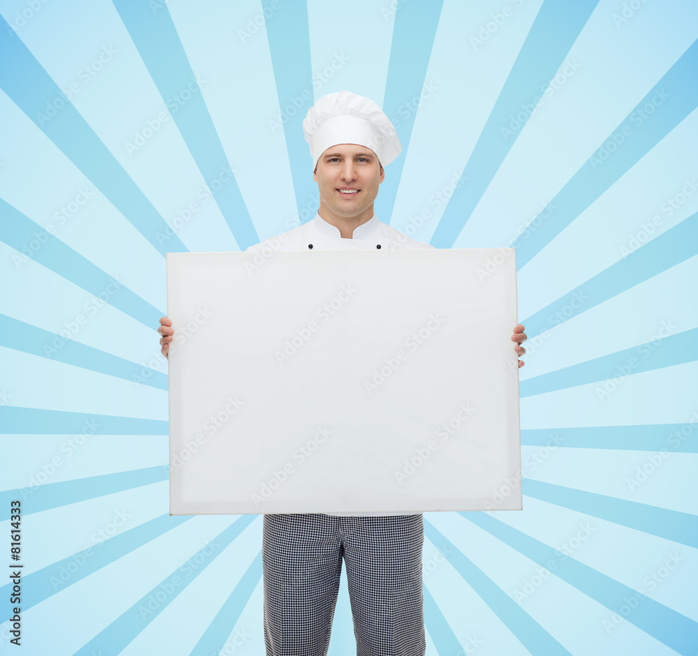 happy male chef cook holding white blank big board happy male chef cook holding white blank big board