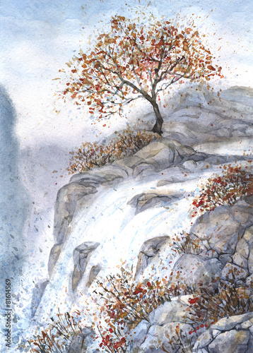 Watercolor landscape. Tree over a noisy waterfall photo