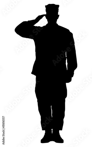 Silhouette of a soldier saluting isolated on white background.