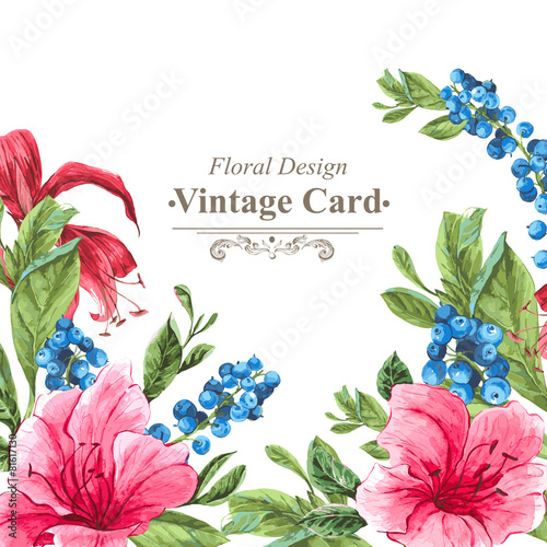Invitation Vintage Card with Blueberries, Pink Tropical Flowers