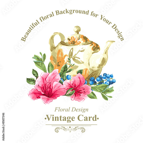Invitation Vintage Card with Blueberries, Pink Tropical Flowers
