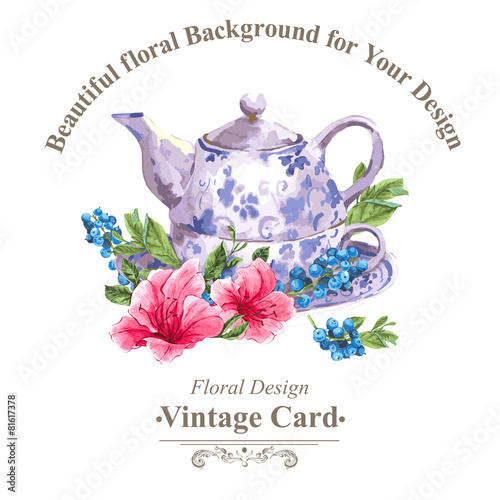 Invitation Vintage Card with Blueberries, Pink Tropical Flowers