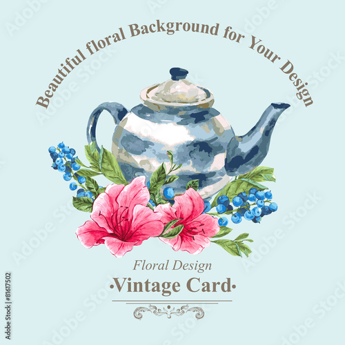 Invitation Vintage Card with Blueberries, Pink Tropical Flowers