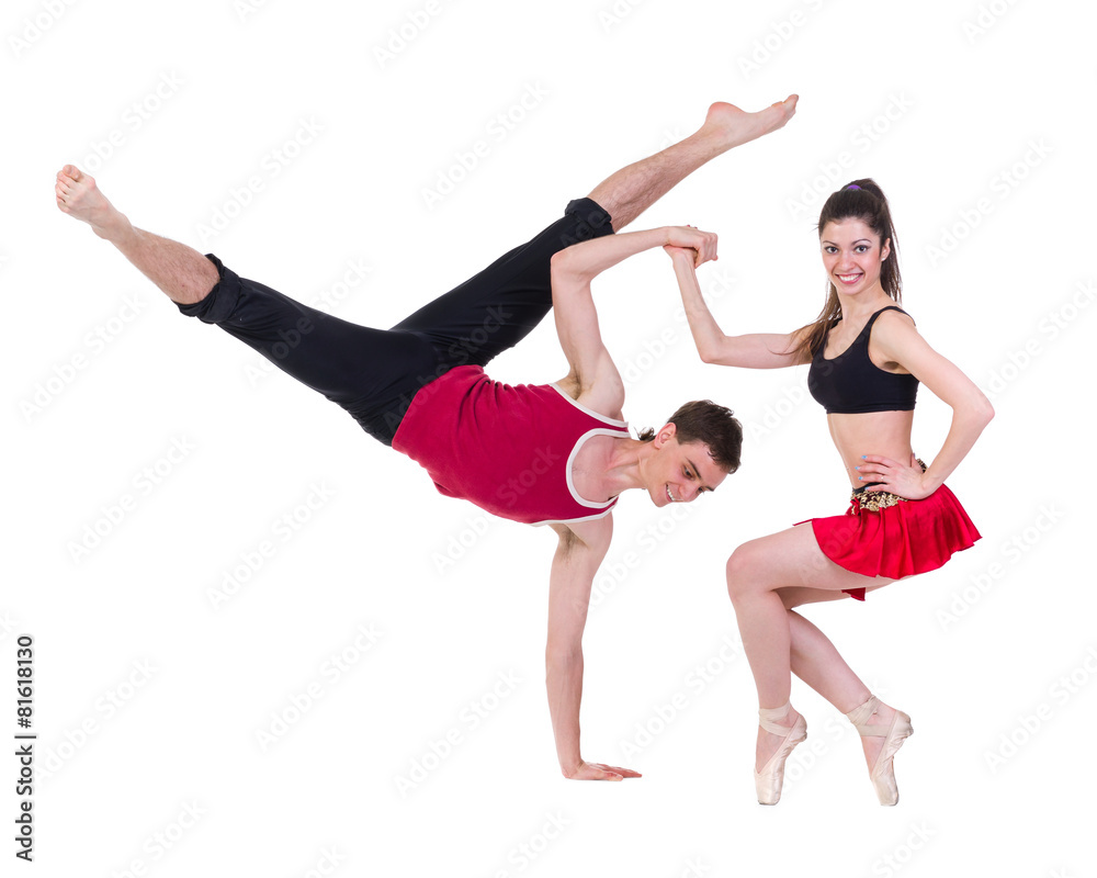 Full length of young ballet couple dancing on white background Full length of young ballet couple dancing on white background