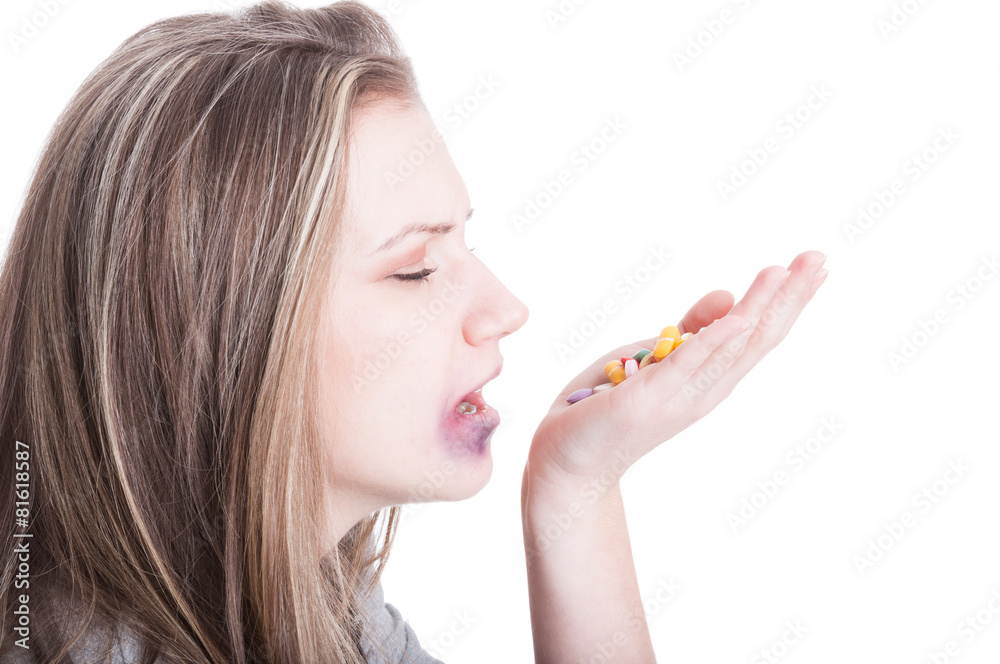 Abused, beaten and injured woman taking pills Abused, beaten and injured woman taking pills