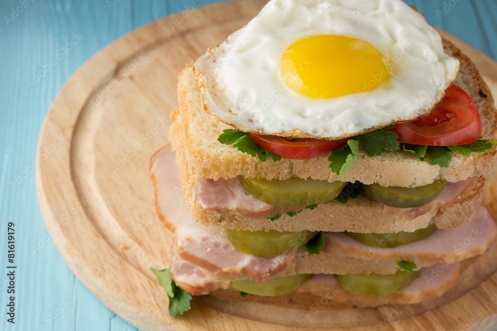Sandwich with smoked pork, pickles, tomato and fried egg Sandwich with smoked pork, pickles, tomato and fried egg