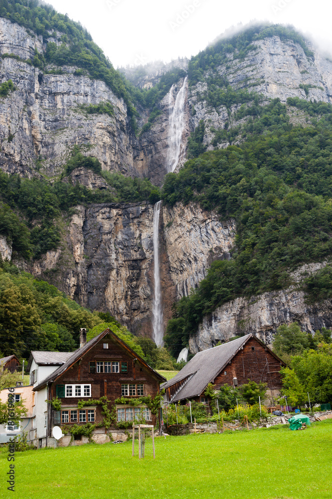 mountain waterfall . Switzerland mountain waterfall . Switzerland