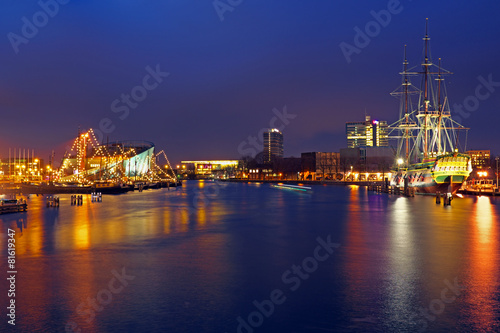The harbor from Amsterdam in the Netherlands by night