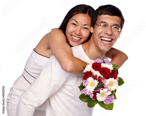 Interracial couple embracing