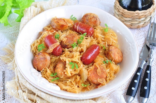 Roasted sausages with stewed cabbage