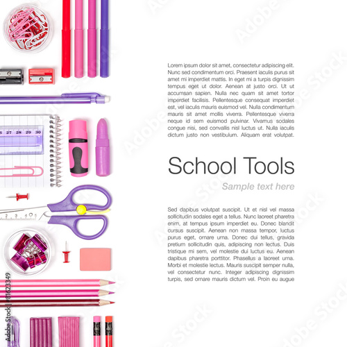 school supplies on white background top view