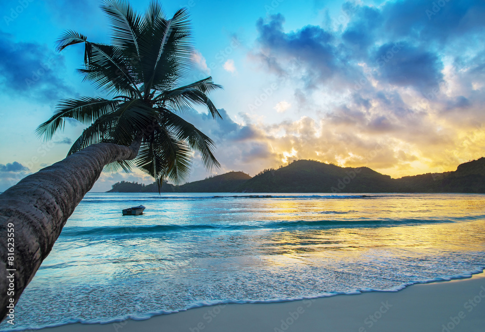Tropical beach Baie Lazare at sunset, Mahe island, Seychelles Stock ...
