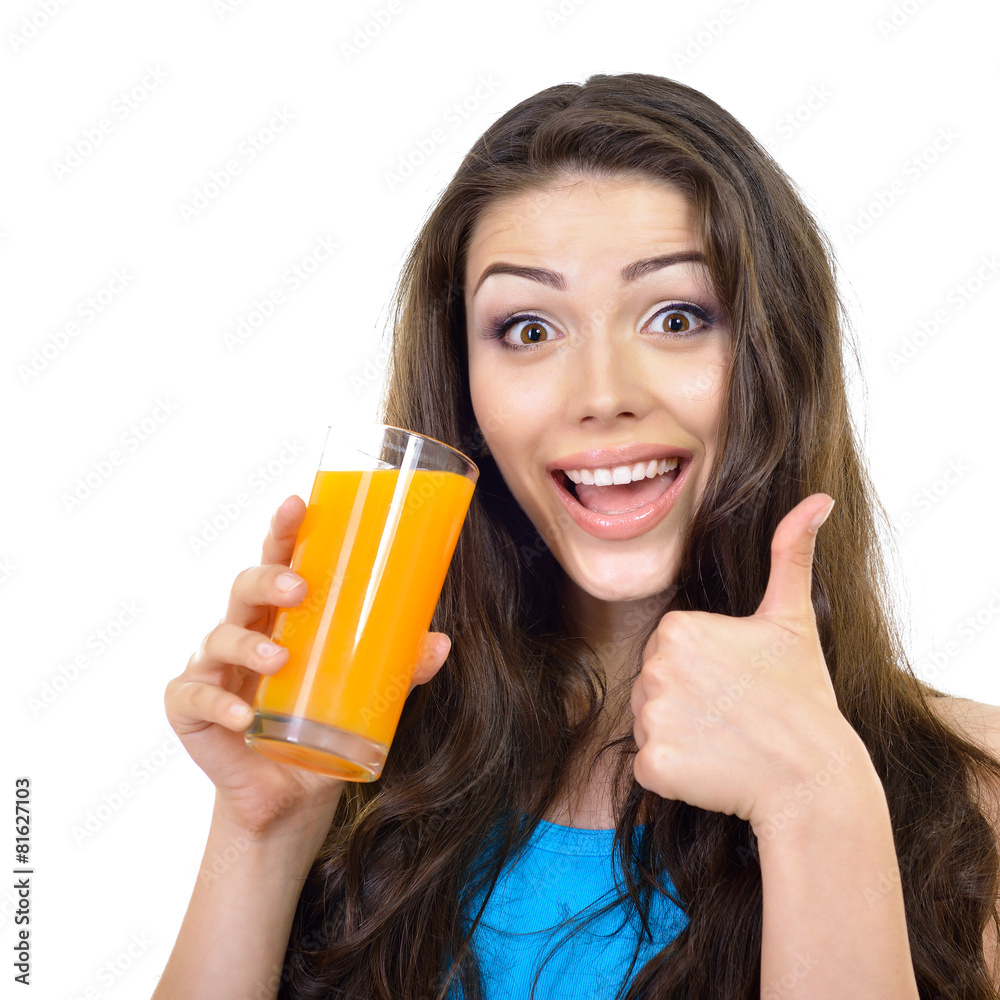 Young cheerful woman drinks orange juice over white. Young cheerful woman drinks orange juice over white.
