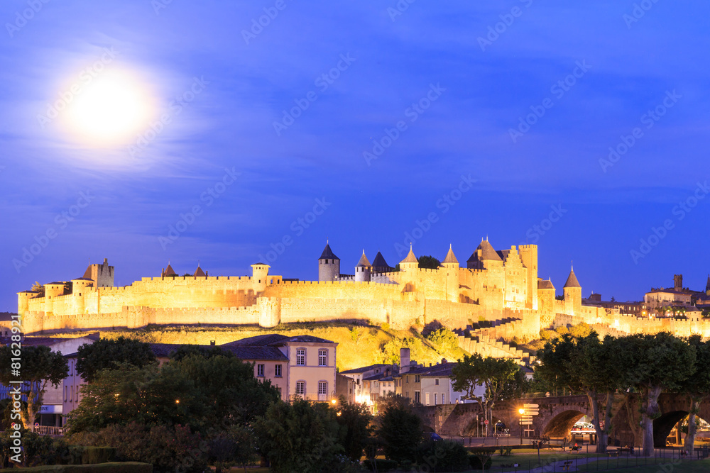 Medieval town of Carcassonne at night