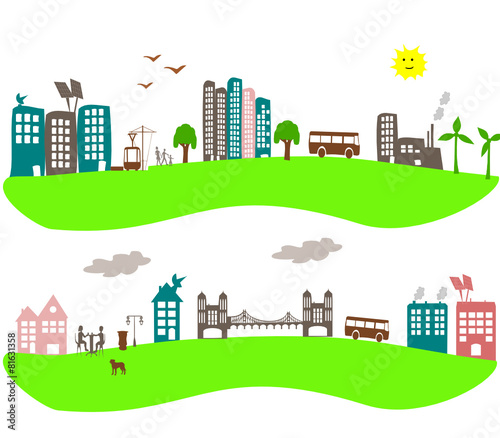 bannière dessin d'enfant d'immeubles en ville avec éolienne
