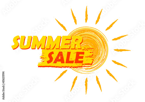 summer sale with sun sign, yellow and orange drawn label