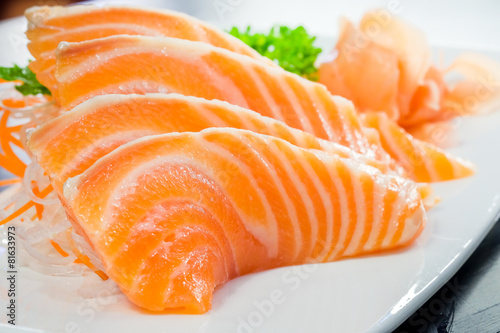 Salmon sashimi or shake / sake served with preserved ginger