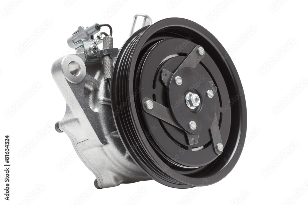 Black pulley car engine on a grey background Black pulley car engine on a grey background