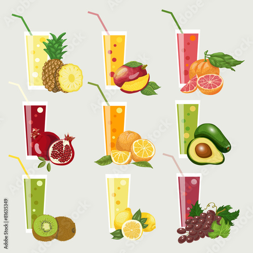Collection of exotic fruit juices. Fresh organic juice