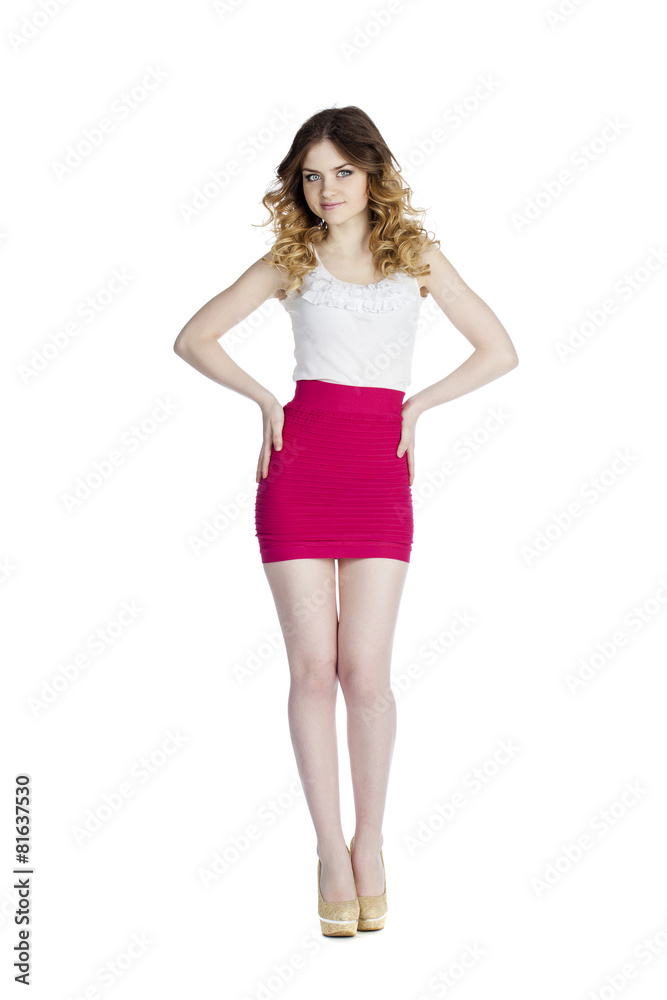 Fashion beautiful girl with modern white blouse and res skirt po Fashion beautiful girl with modern white blouse and res skirt po