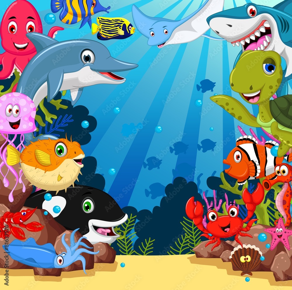 funny sea animals cartoon set Stock Vector | Adobe Stock